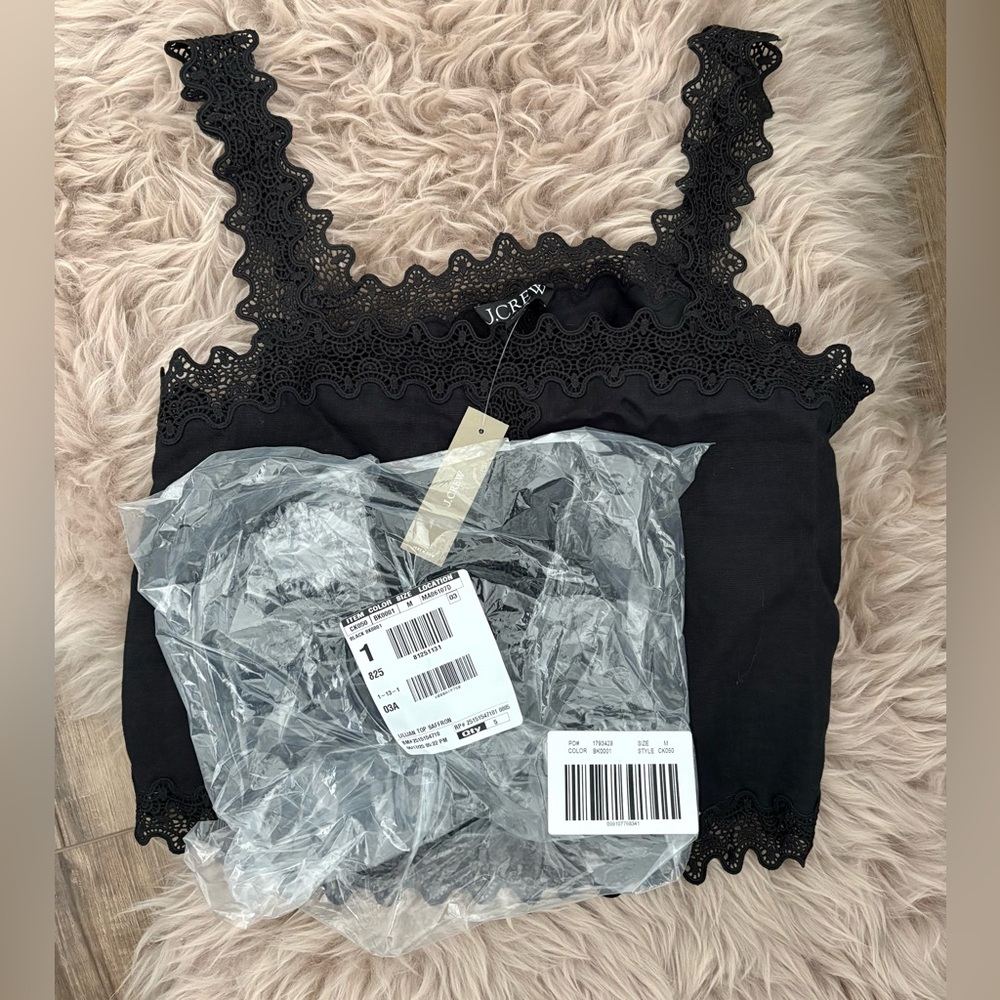 NWT J. Crew Black Linen Tank with Embroidered Detail